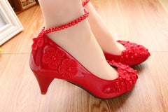Red Bridal Shoes Pearl Anklet Large Size Women's Shoes 3cm Heel