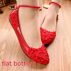 Red Bridal Shoes Pearl Anklet Large Size Women's Shoes Flat Bottom