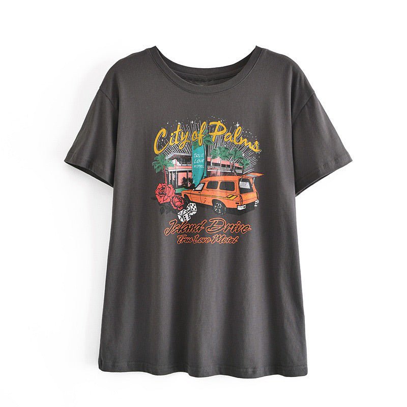 Retro American Printed Cartoon Short Sleeve Summer Tee Black