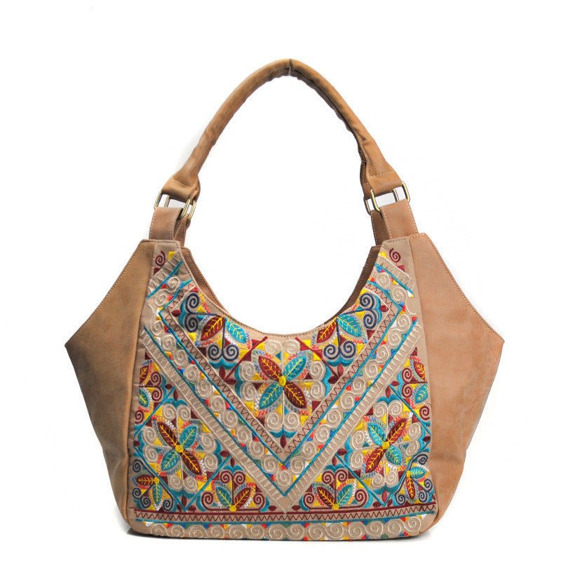 Retro Embroidery Clutch Handbag for Women in PU Leather Light Yellow