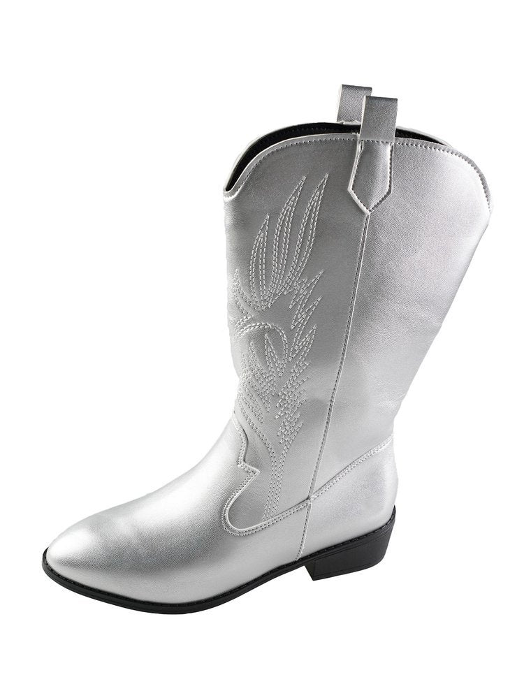 Retro Pointed Toe Thick Heel Middle Knight Women's Boots Silver