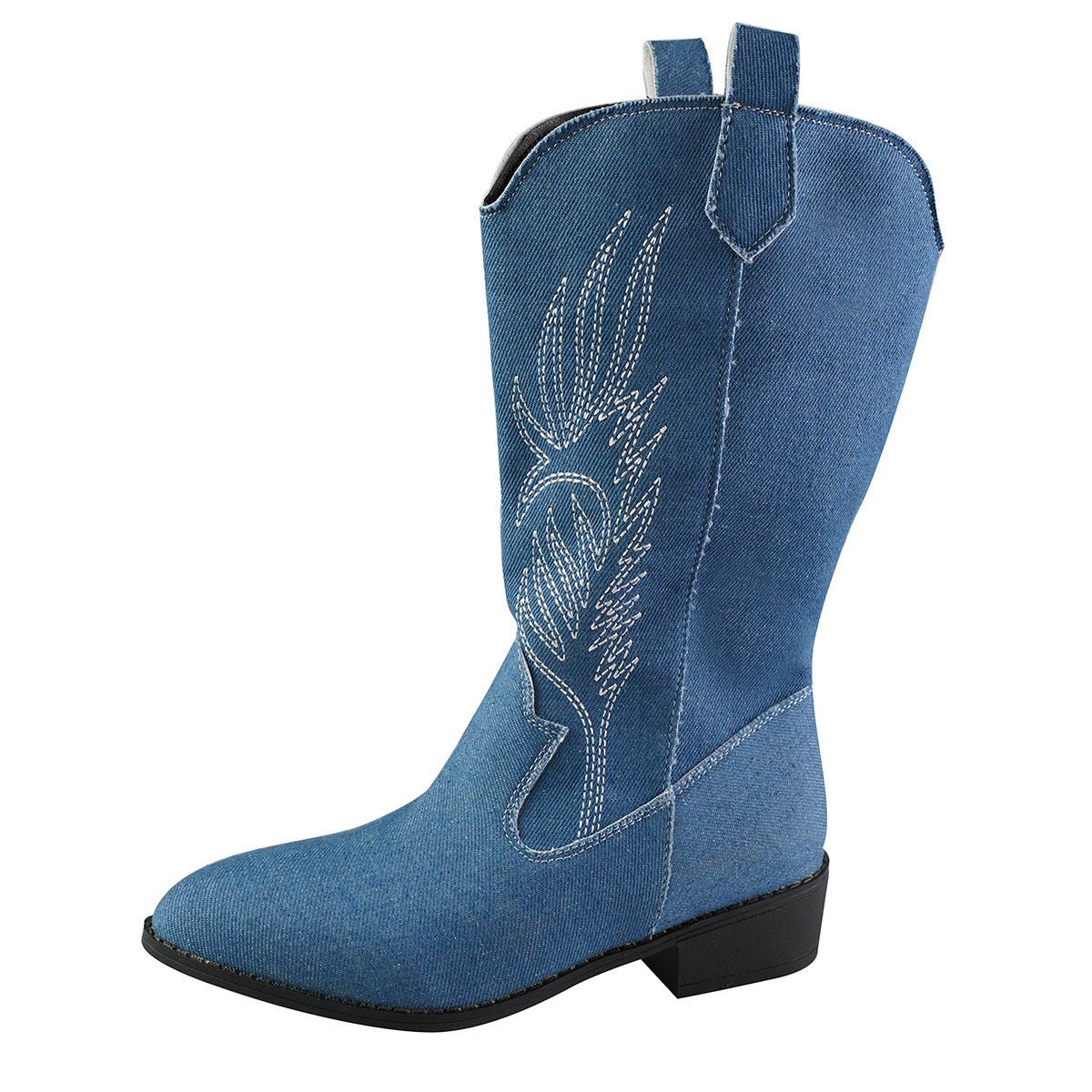 Retro Pointed Toe Thick Heel Middle Knight Women's Boots Denim Color