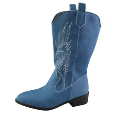 Retro Pointed Toe Thick Heel Middle Knight Women's Boots Denim Color