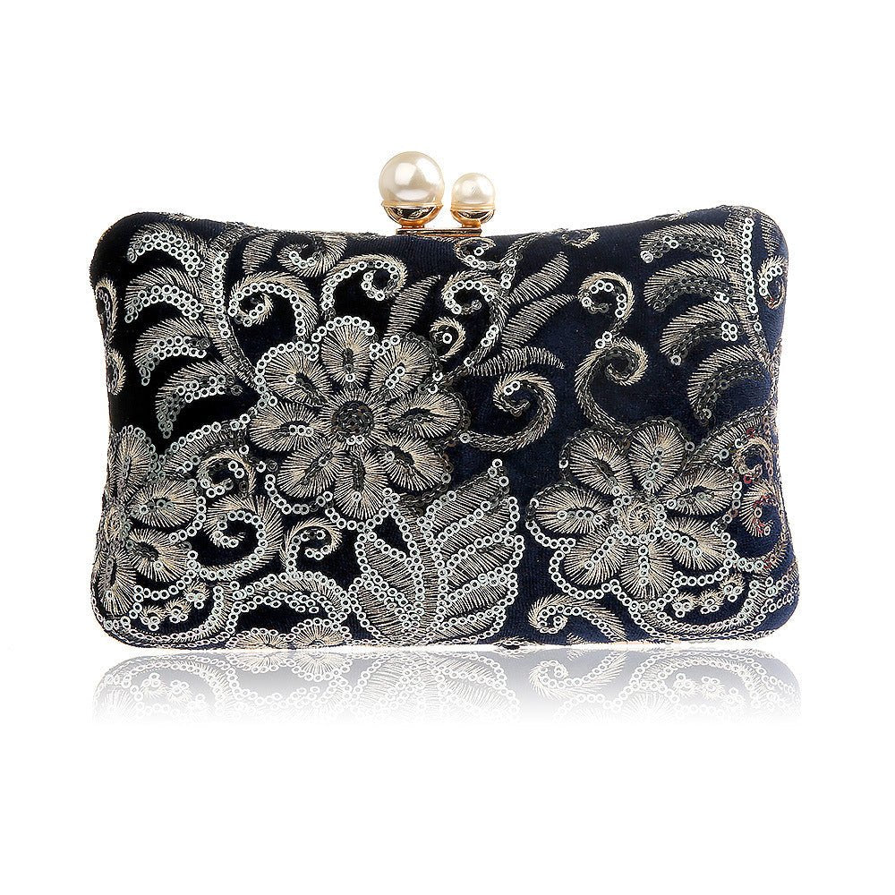 Retro Sequin Banquet Clutch Bag Navy Blue
