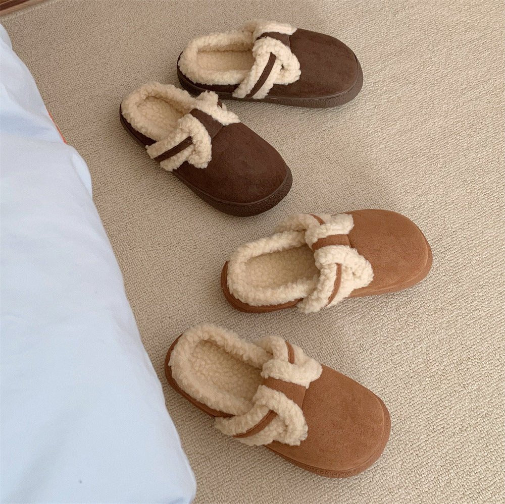 Retro Style Fleece - lined Slippers Comfortable Soft - sole Cotton Shoes Black