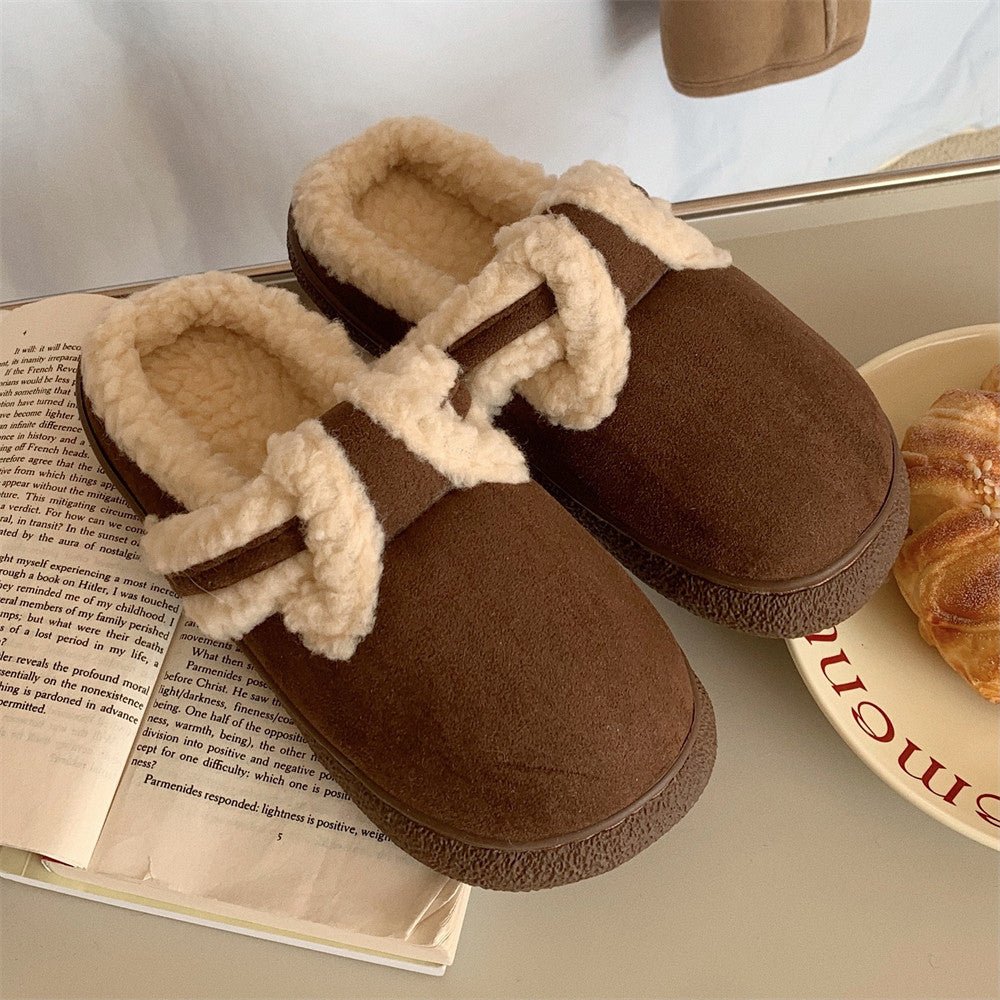 Retro Style Fleece - lined Slippers Comfortable Soft - sole Cotton Shoes Dark Coffee