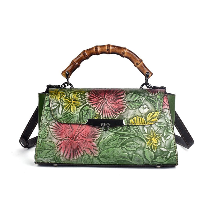 Retro Style Shoulder Bag in Top Layer Cowhide Green