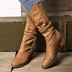 Retro Tassel With Braided Rope Strap Buckle Mid - calf Knight Boots Black