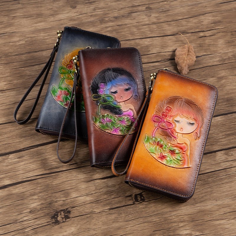 RFID Anti - theft Swiping Women's Handmade First Layer Cowhide Wallet Retro Yellow