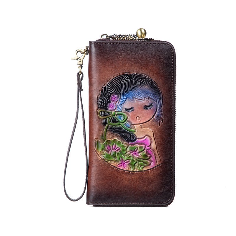 RFID Anti - theft Swiping Women's Handmade First Layer Cowhide Wallet Retro Brown