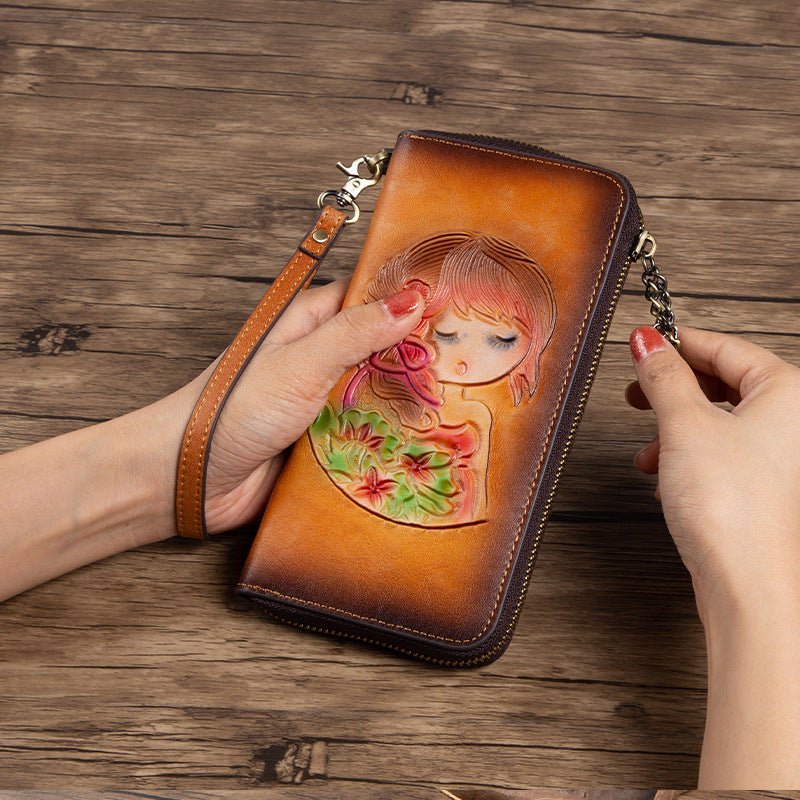 RFID Anti - theft Swiping Women's Handmade First Layer Cowhide Wallet Retro Yellow