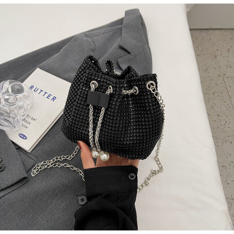 Rhinestone - Embellished Women's Crossbody Bucket Bag Black