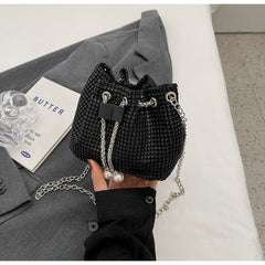 Rhinestone - Embellished Women's Crossbody Bucket Bag Black