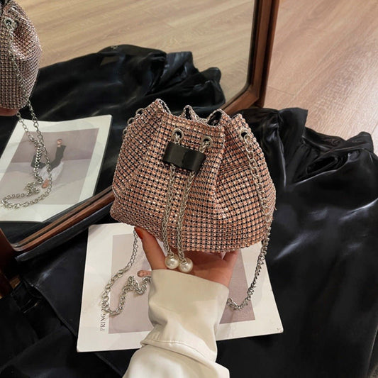 Rhinestone - Embellished Women's Crossbody Bucket Bag Black