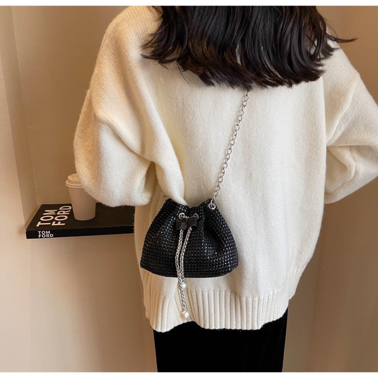 Rhinestone - Embellished Women's Crossbody Bucket Bag Black