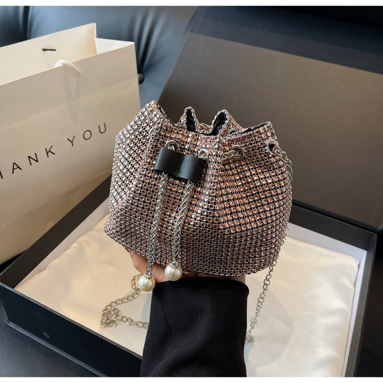 Rhinestone - Embellished Women's Crossbody Bucket Bag Black