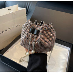 Rhinestone - Embellished Women's Crossbody Bucket Bag Black