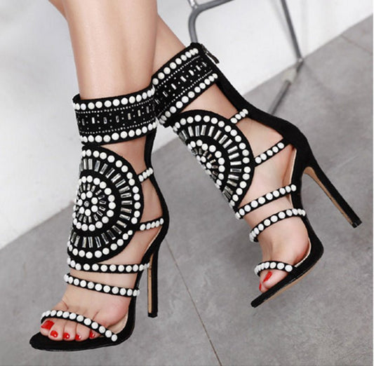 Rhinestone high heel sandals black