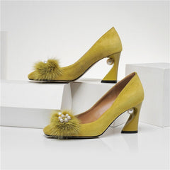 Rhinestone Pearl Thick Heel Leather Ol Women's Shoes Yellow