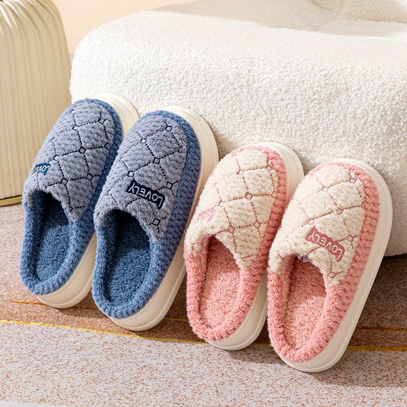 Rhombus Pattern Design Couple Cotton Shoes Plaid Plush House Slippers Blue