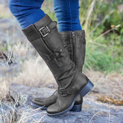 Round Head Casual Low Heel Tall Knight Boots Black