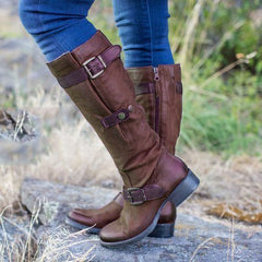 Round Head Casual Low Heel Tall Knight Boots Brown