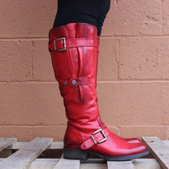 Round Head Casual Low Heel Tall Knight Boots Red