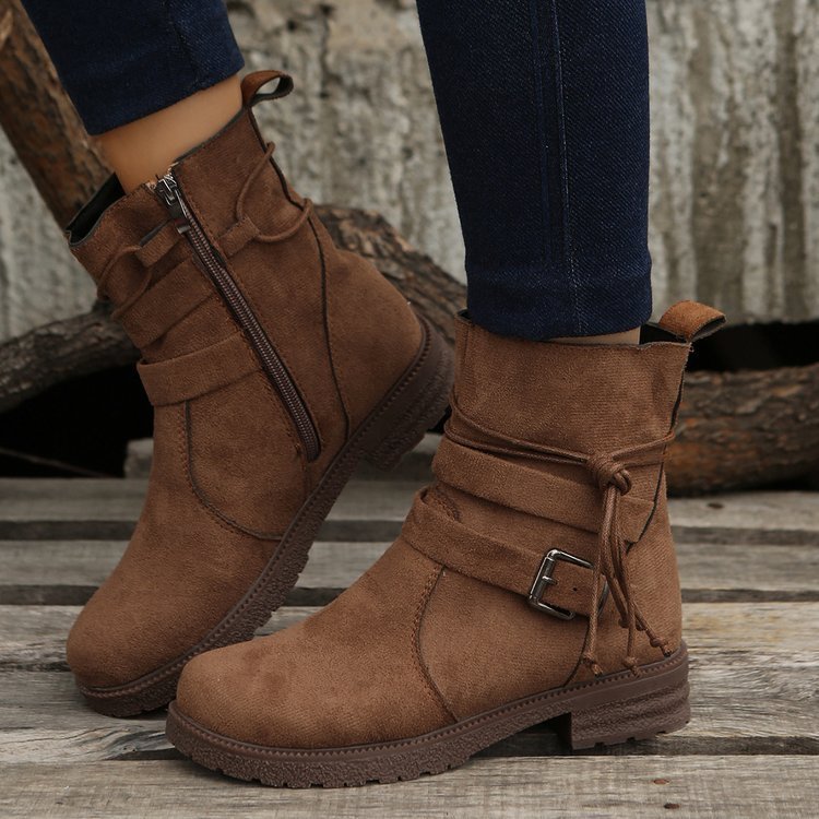 Round Toe Buckle Shoes Casual Retro Boots With Side Zipper Dark Brown