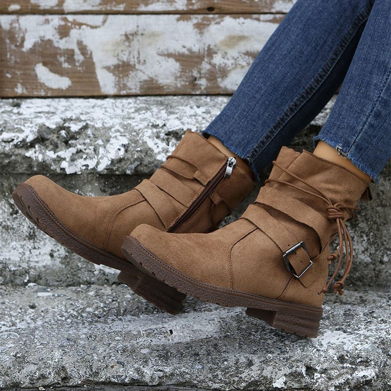 Round Toe Buckle Shoes Casual Retro Boots With Side Zipper Black