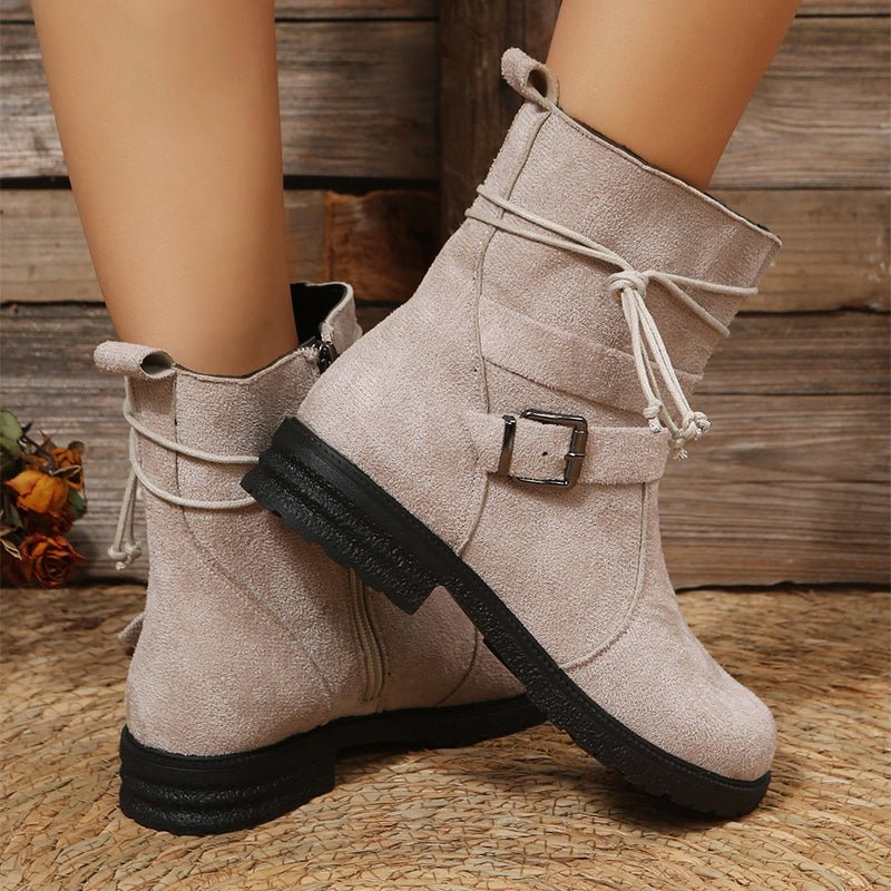 Round Toe Buckle Shoes Casual Retro Boots With Side Zipper Black