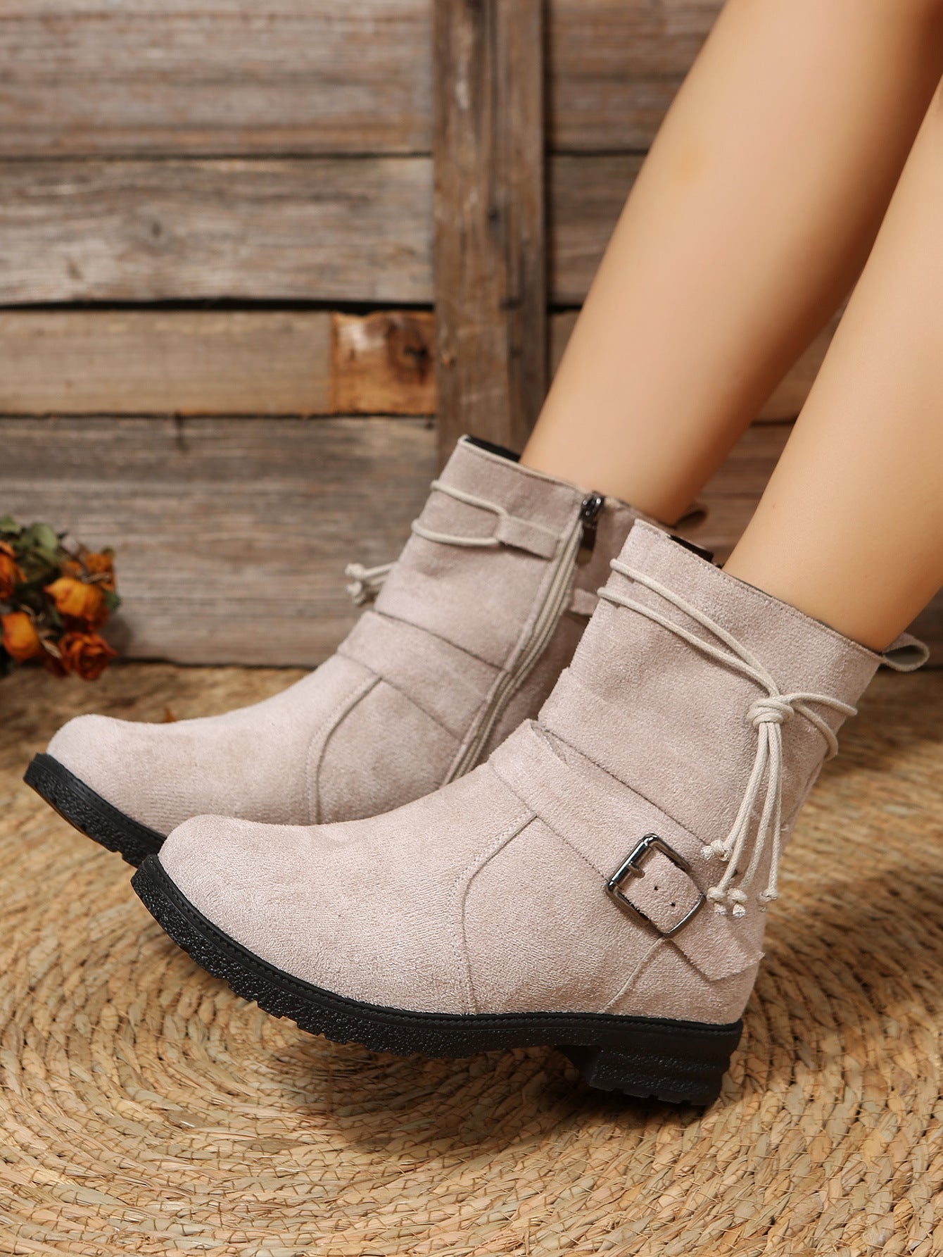 Round Toe Buckle Shoes Casual Retro Boots With Side Zipper Beige