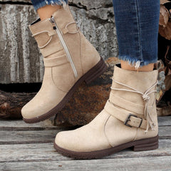 Round Toe Buckle Shoes Casual Retro Boots With Side Zipper Beige