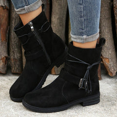 Round Toe Buckle Shoes Casual Retro Boots With Side Zipper Black