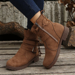 Round Toe Buckle Shoes Casual Retro Boots With Side Zipper Dark Brown