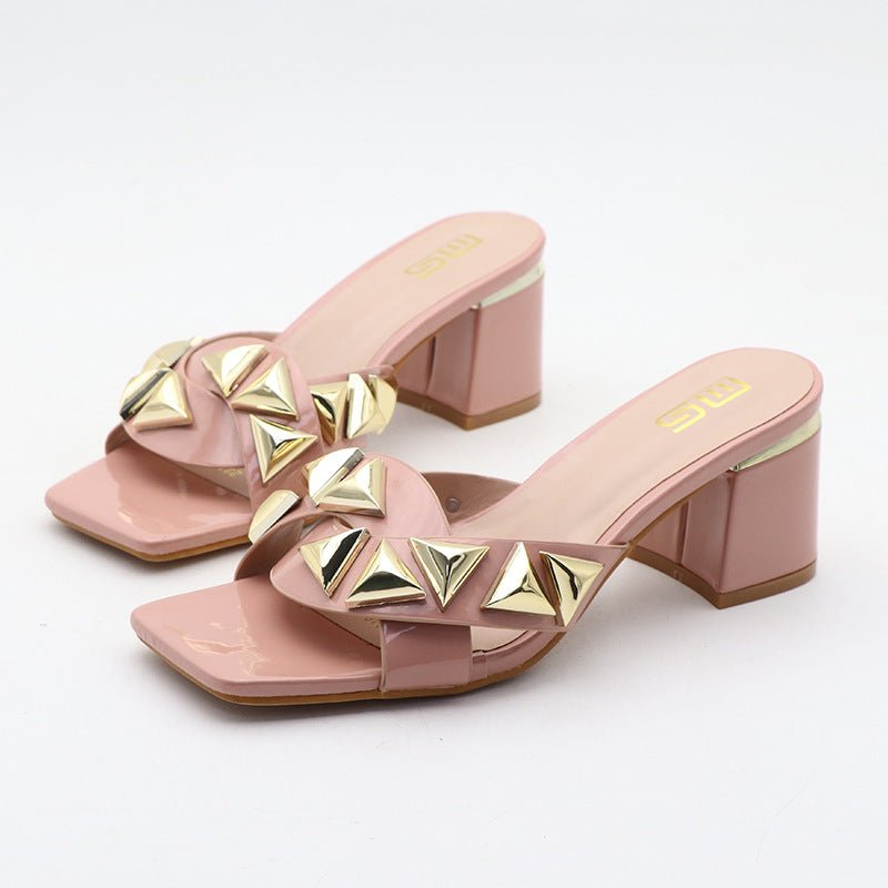 Season Chic Open Toe High Chunky Heel Women's Simple Outdoor Sandals Apricot