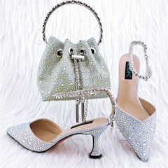 Shoe Bag Set Combination Pointy Back Empty Sandals Same Style Hand - held Diamond Silver