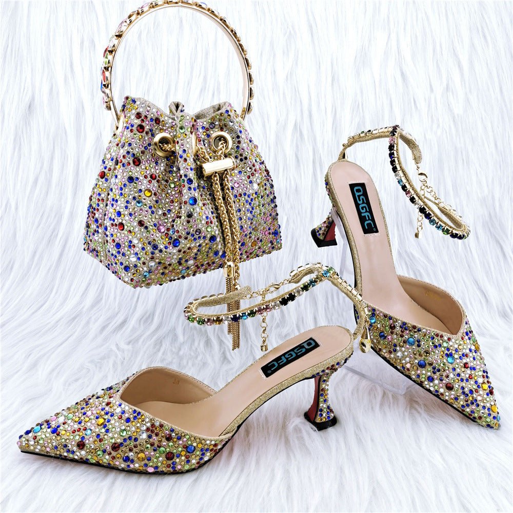 Shoe Bag Set Combination Pointy Back Empty Sandals Same Style Hand - held Diamond Colored gold