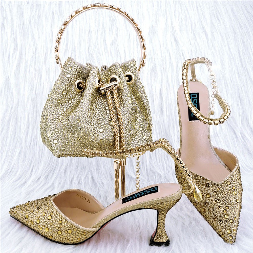 Shoe Bag Set Combination Pointy Back Empty Sandals Same Style Hand - held Diamond Gold
