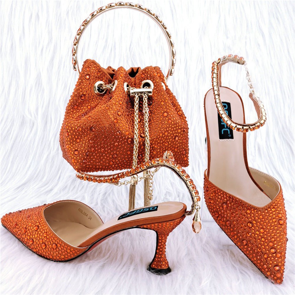 Shoe Bag Set Combination Pointy Back Empty Sandals Same Style Hand - held Diamond Orange