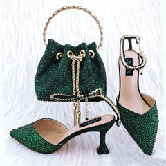 Shoe Bag Set Combination Pointy Back Empty Sandals Same Style Hand - held Diamond Dark green