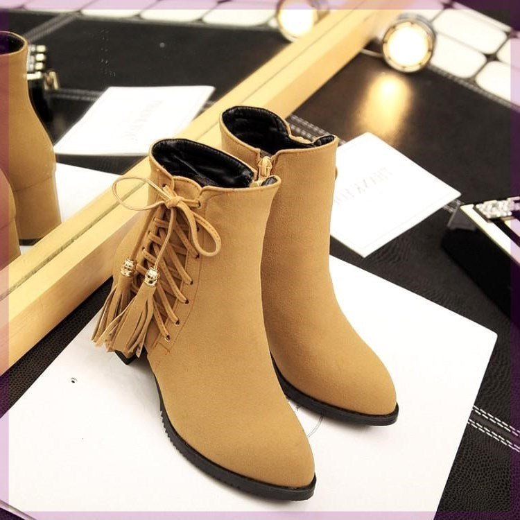 Short boots girls high heels thick heel fringed boots Yellow
