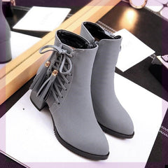 Short boots girls high heels thick heel fringed boots Grey