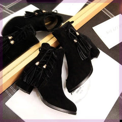 Short boots girls high heels thick heel fringed boots Black