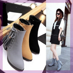 Short boots girls high heels thick heel fringed boots Black