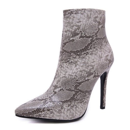 Side Zip Snakeskin Heeled Boots Grey