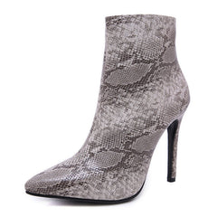 Side Zip Snakeskin Heeled Boots Grey