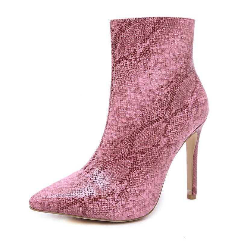 Side Zip Snakeskin Heeled Boots Pink