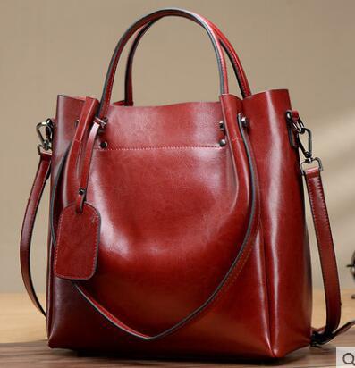 Simple Portable Women's Fashion Oil Wax Cattle Leather Bag Wine Red