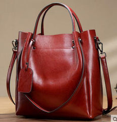 Simple Portable Women's Fashion Oil Wax Cattle Leather Bag Wine Red