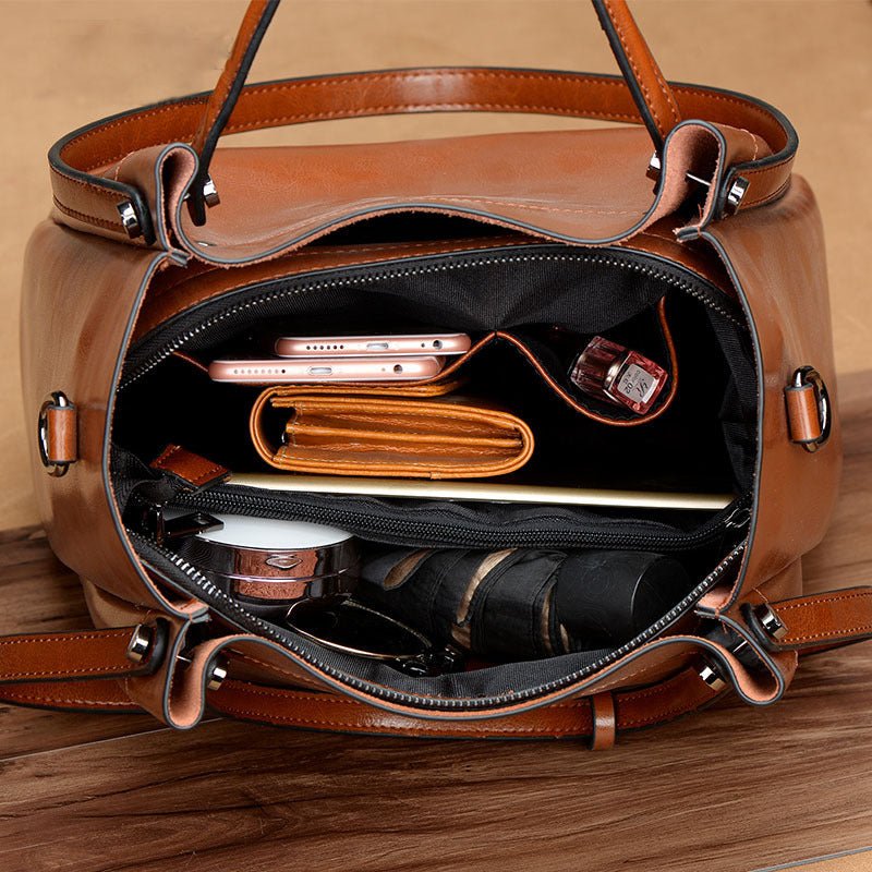 Simple Portable Women's Fashion Oil Wax Cattle Leather Bag Gray